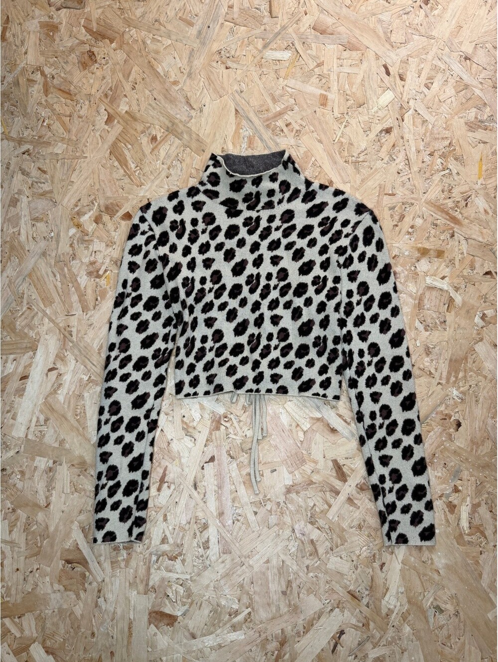 Zara Womens Leopard Print Knit Crop Top Size M Mock Neck Open Tie Back Sweater